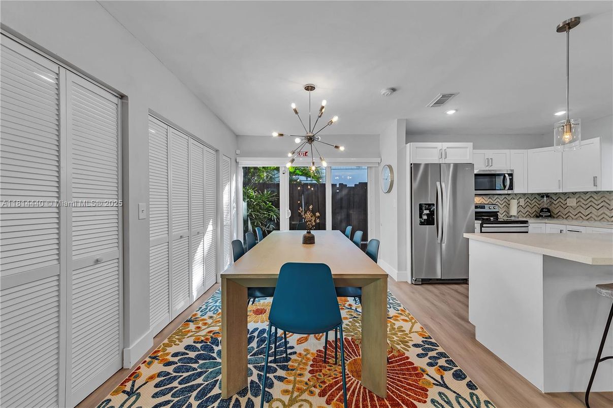 Dining room, Interior, Kitchen, Pendant Lights, Recessed Lighting, Stainless Steel Appliances, Wood Texture Flooring