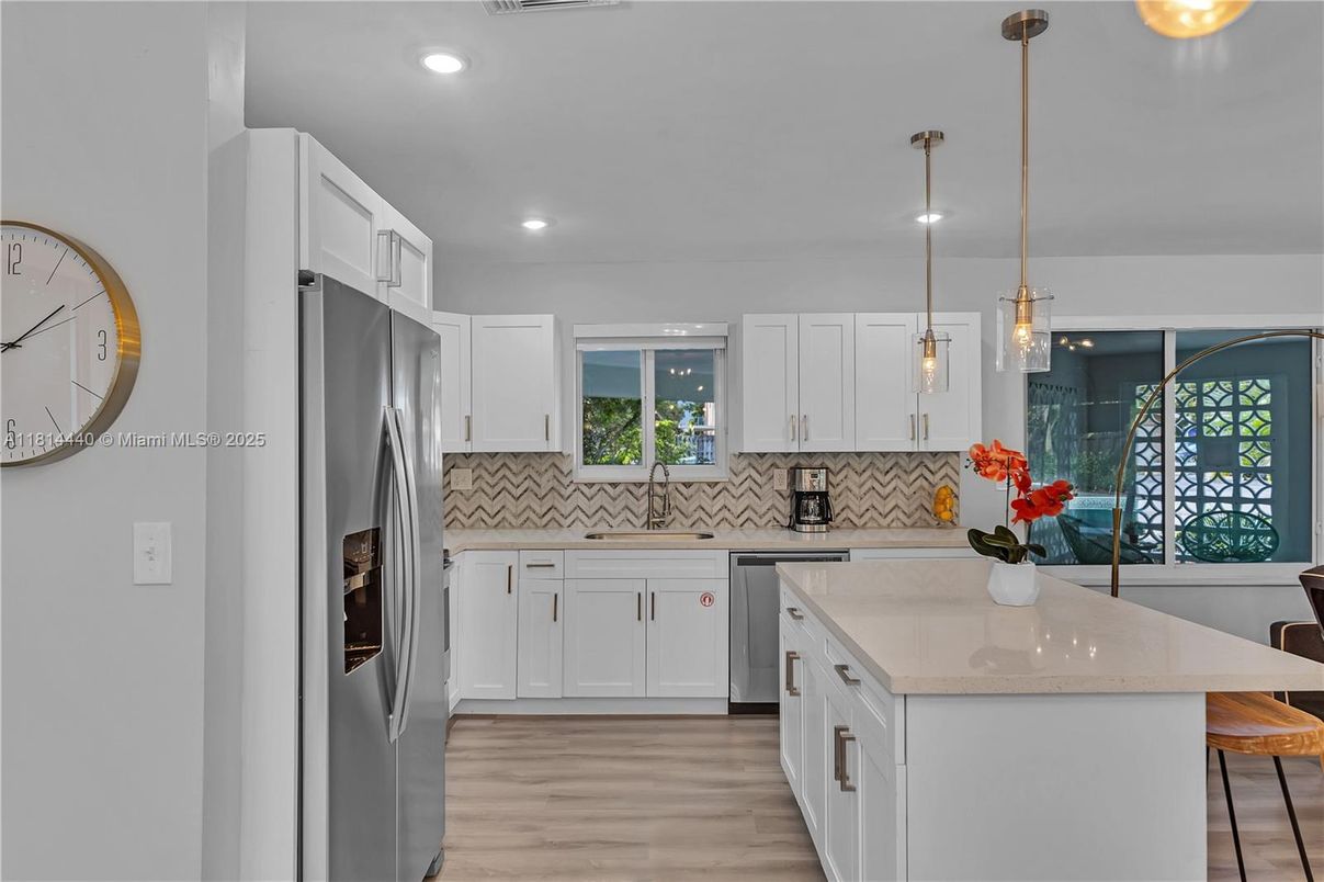 Interior, Kitchen, Pendant Lights, Recessed Lighting, Stainless Steel Appliances, Wood Texture Flooring