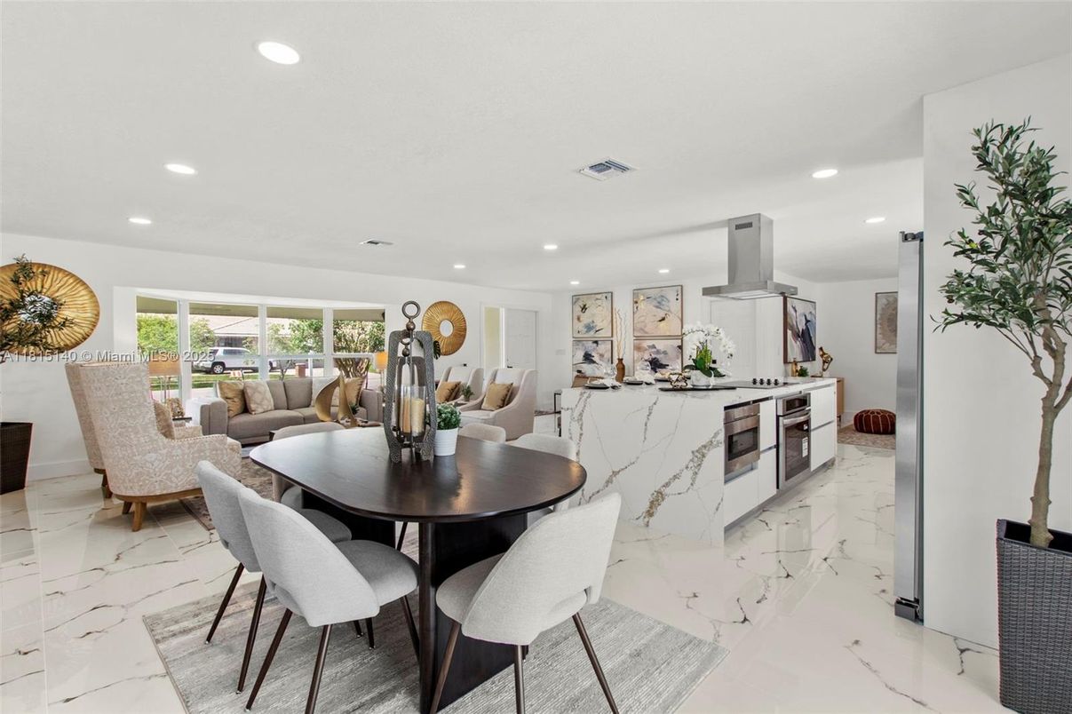 Dining room, Interior, Kitchen, Living room, Marble, Recessed Lighting