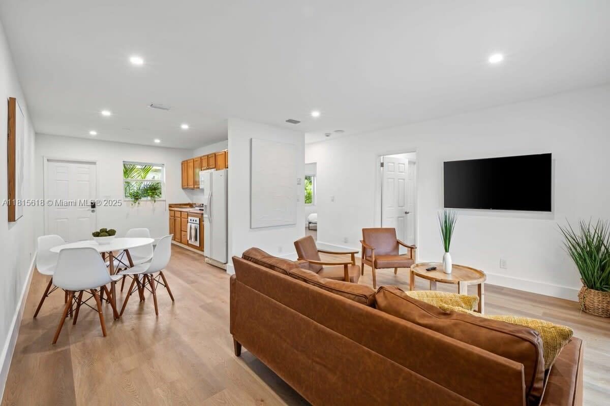 Dining room, Interior, Kitchen, Living room, Recessed Lighting, Wood Texture Flooring