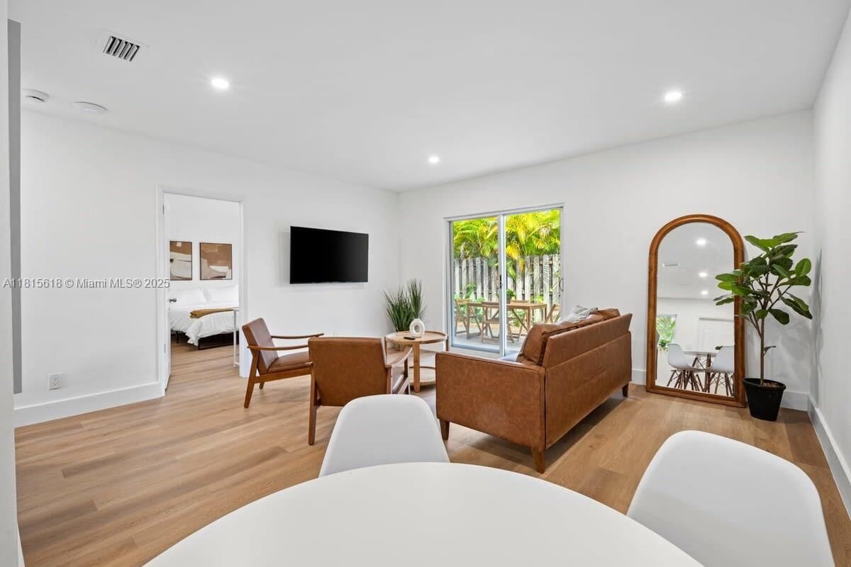 Dining room, Interior, Living room, Recessed Lighting, Wood Texture Flooring