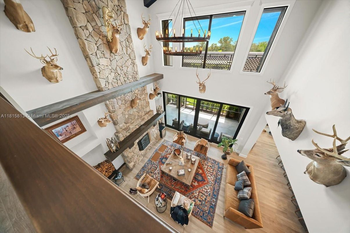 Fireplace, Interior, Living room, Pendant Lights, Stone Walls, Wood Texture Flooring