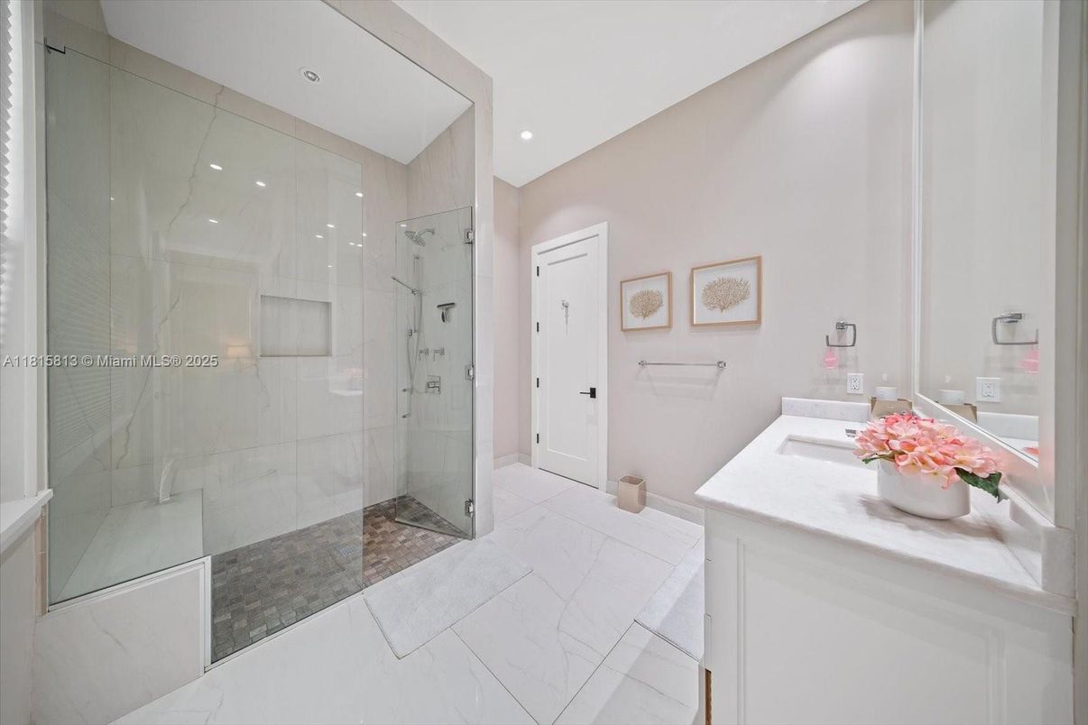 Bathroom, Glass Shower, Interior, Marble, Marble Walls, Recessed Lighting