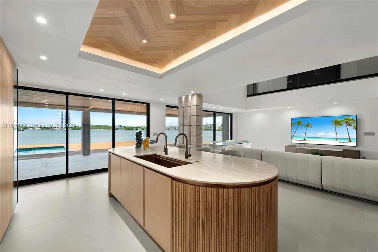Dining room, Interior, Kitchen, Living room, Recessed Lighting, Water, Wooden Ceilings