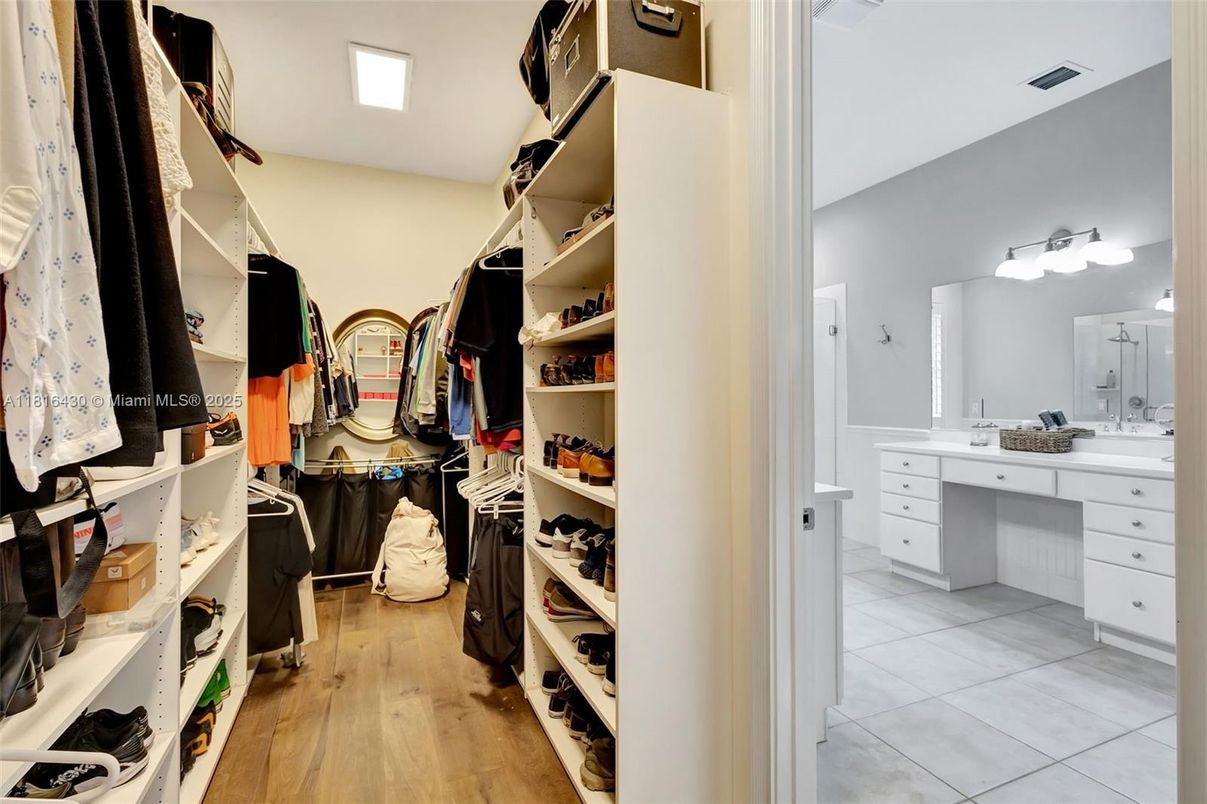 Bathroom, Dual Sink Vanities, Interior, Walk-in Closets, Wood Texture Flooring