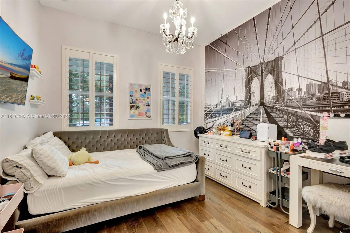Bedroom, Chandelier, Interior, Wood Texture Flooring