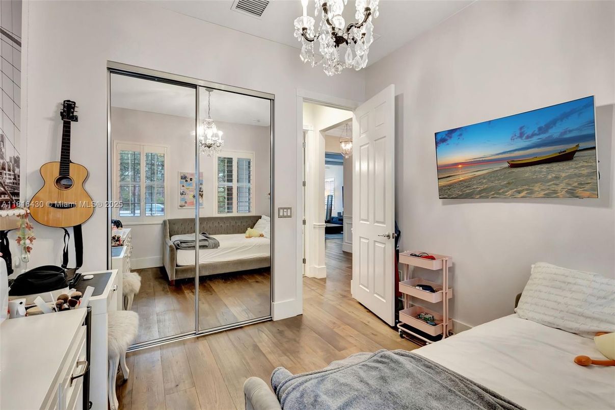 Bedroom, Chandelier, Interior, Wood Texture Flooring