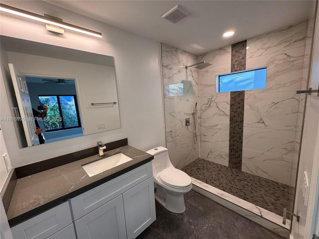 Bathroom, Glass Shower, Interior, Marble Walls, Recessed Lighting
