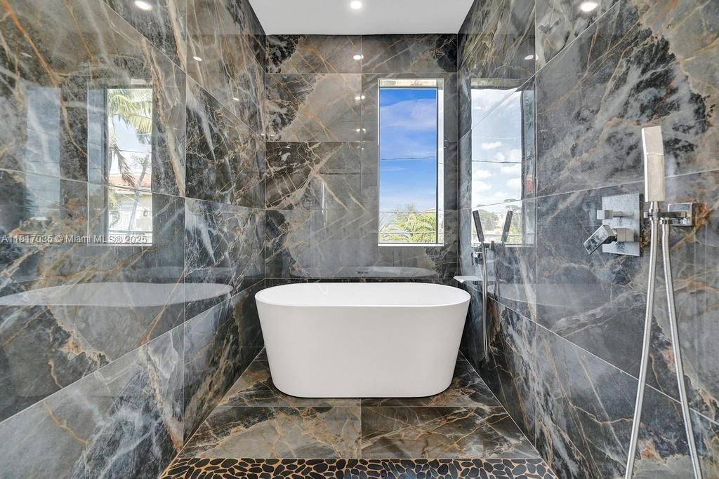 Bathroom, Free Standing Baths, Interior, Marble Walls, Recessed Lighting