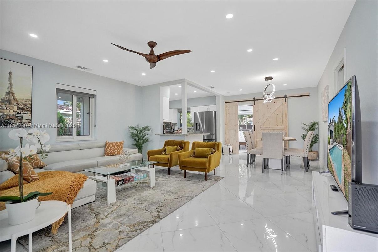 Dining room, Interior, Kitchen, Living room, Marble, Pendant Lights, Recessed Lighting, Stainless Steel Appliances