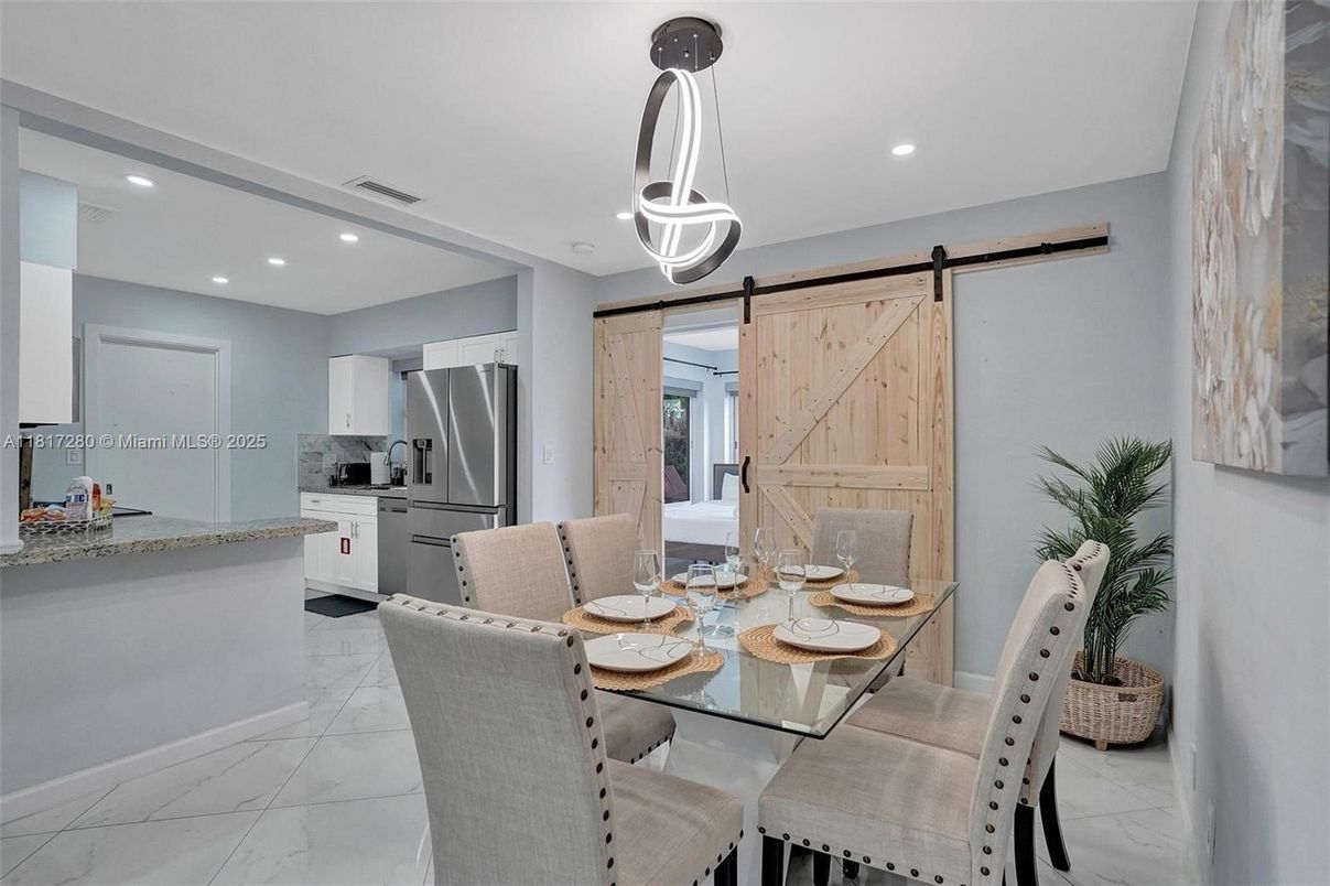 Dining room, Interior, Kitchen, Marble, Pendant Lights, Recessed Lighting, Stainless Steel Appliances