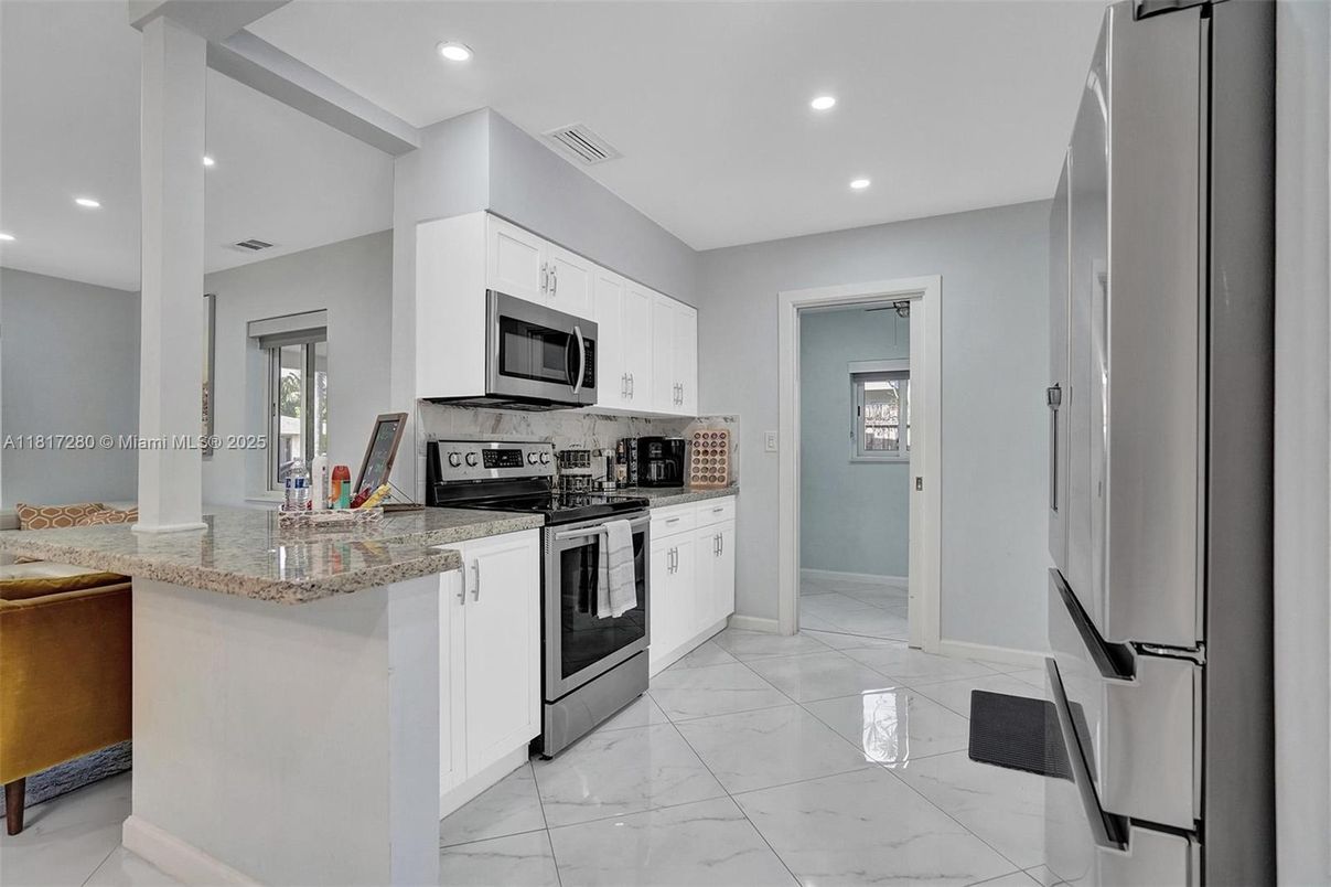 Interior, Kitchen, Marble, Recessed Lighting, Stainless Steel Appliances
