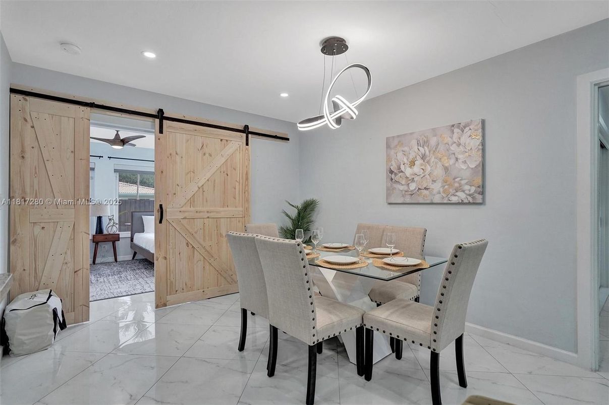 Dining room, Interior, Marble, Pendant Lights, Recessed Lighting, Wooden Walls