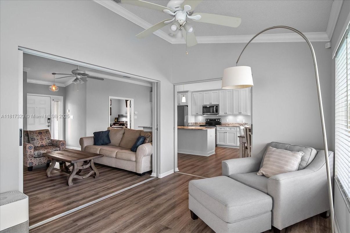Interior, Kitchen, Living room, Stainless Steel Appliances, Wood Texture Flooring