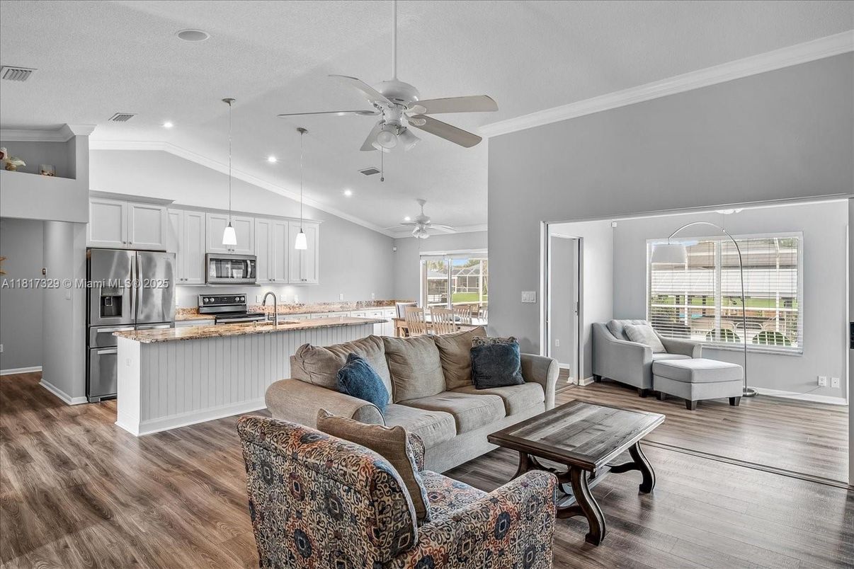 Interior, Kitchen, Living room, Pendant Lights, Recessed Lighting, Stainless Steel Appliances, Wood Texture Flooring