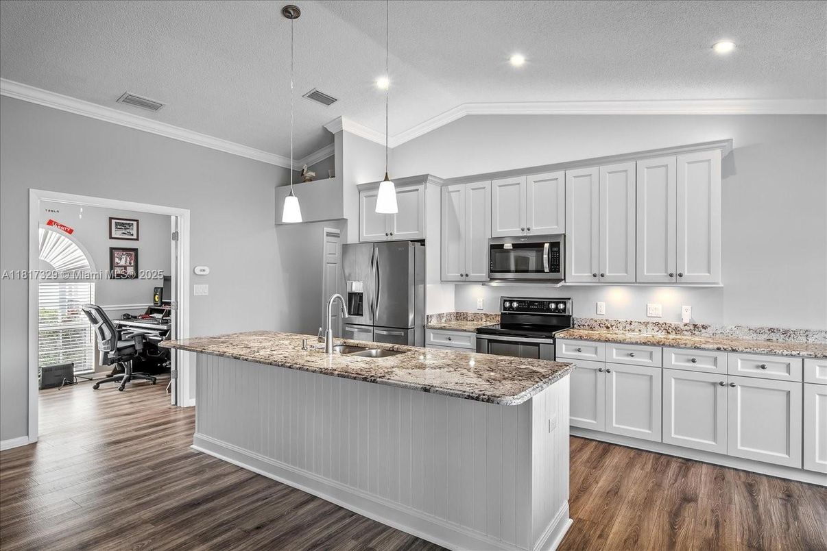 Interior, Kitchen, Pendant Lights, Recessed Lighting, Stainless Steel Appliances, Wood Texture Flooring