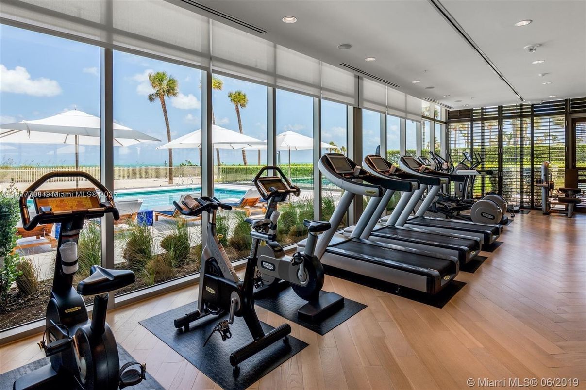 Fitness Equipment, Gym, Interior, Recessed Lighting, Sun Room, Wood Texture Flooring