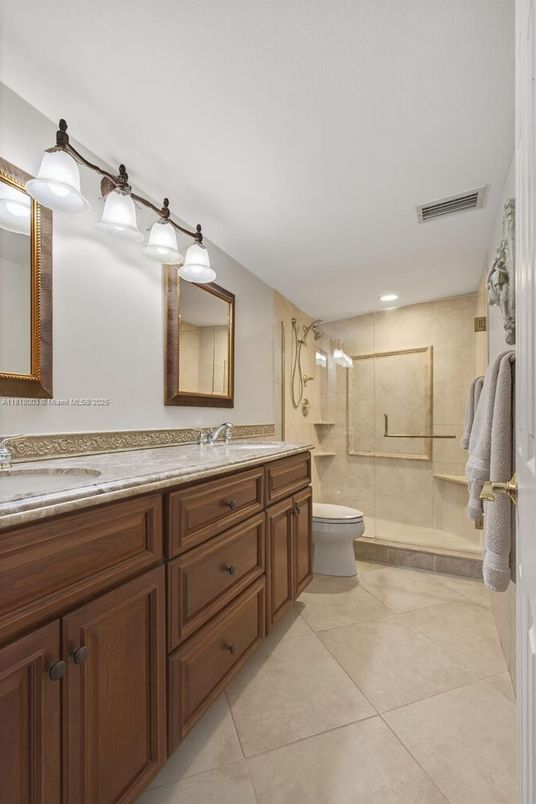 Bathroom, Dual Sink Vanities, Glass Shower, Interior, Recessed Lighting