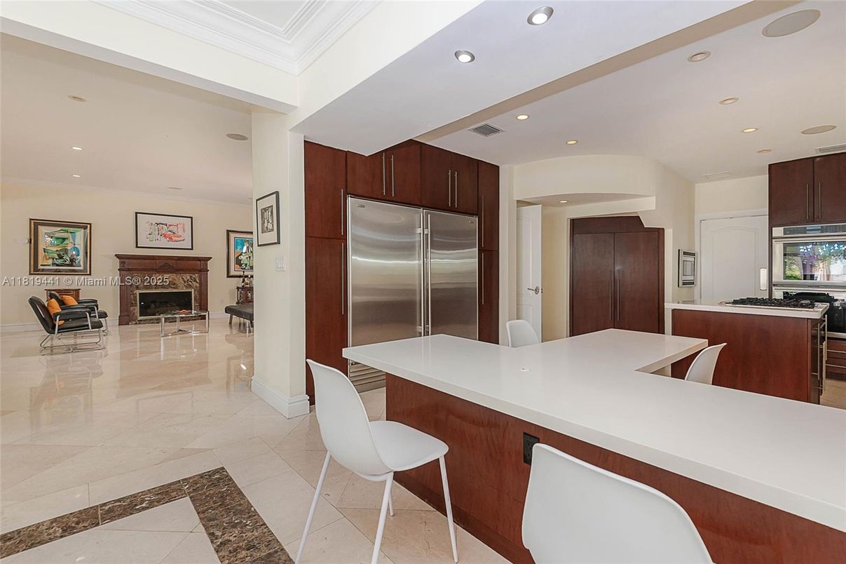 Fireplace, Interior, Kitchen, Recessed Lighting, Stainless Steel Appliances