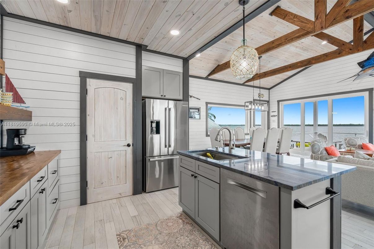 Interior, Kitchen, Pendant Lights, Recessed Lighting, Stainless Steel Appliances, Water, Wooden Beams, Wooden Ceilings, Wood Texture Flooring