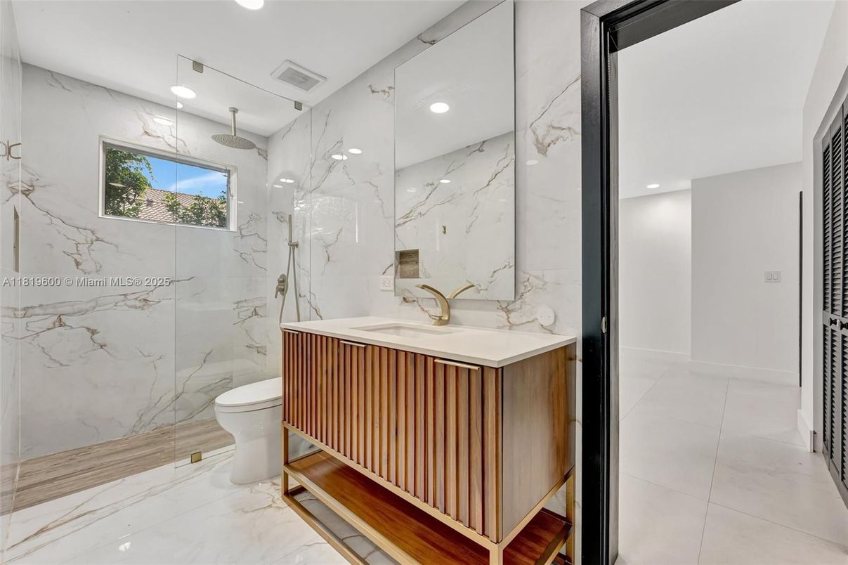 Bathroom, Glass Shower, Interior, Marble, Marble Walls, Recessed Lighting