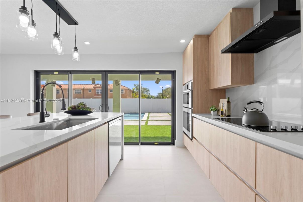 Interior, Kitchen, Marble Walls, Pendant Lights, Recessed Lighting