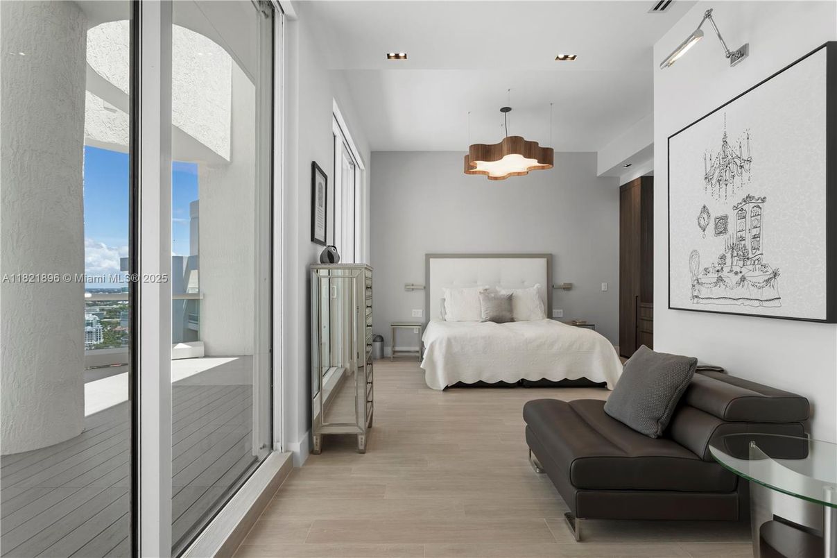 Bedroom, Interior, Pendant Lights, Recessed Lighting, Wood Texture Flooring