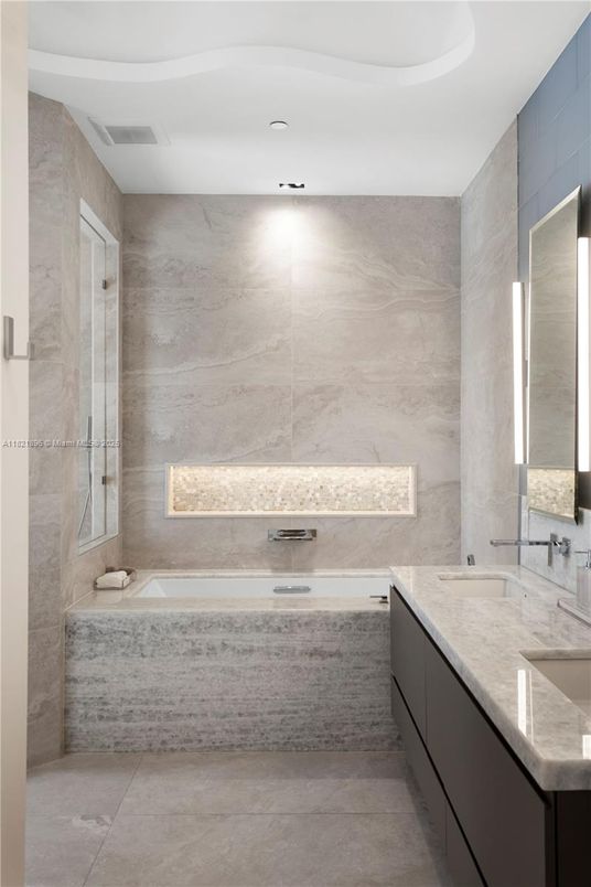 Bathroom, Dual Sink Vanities, Interior, Marble Walls, Recessed Lighting