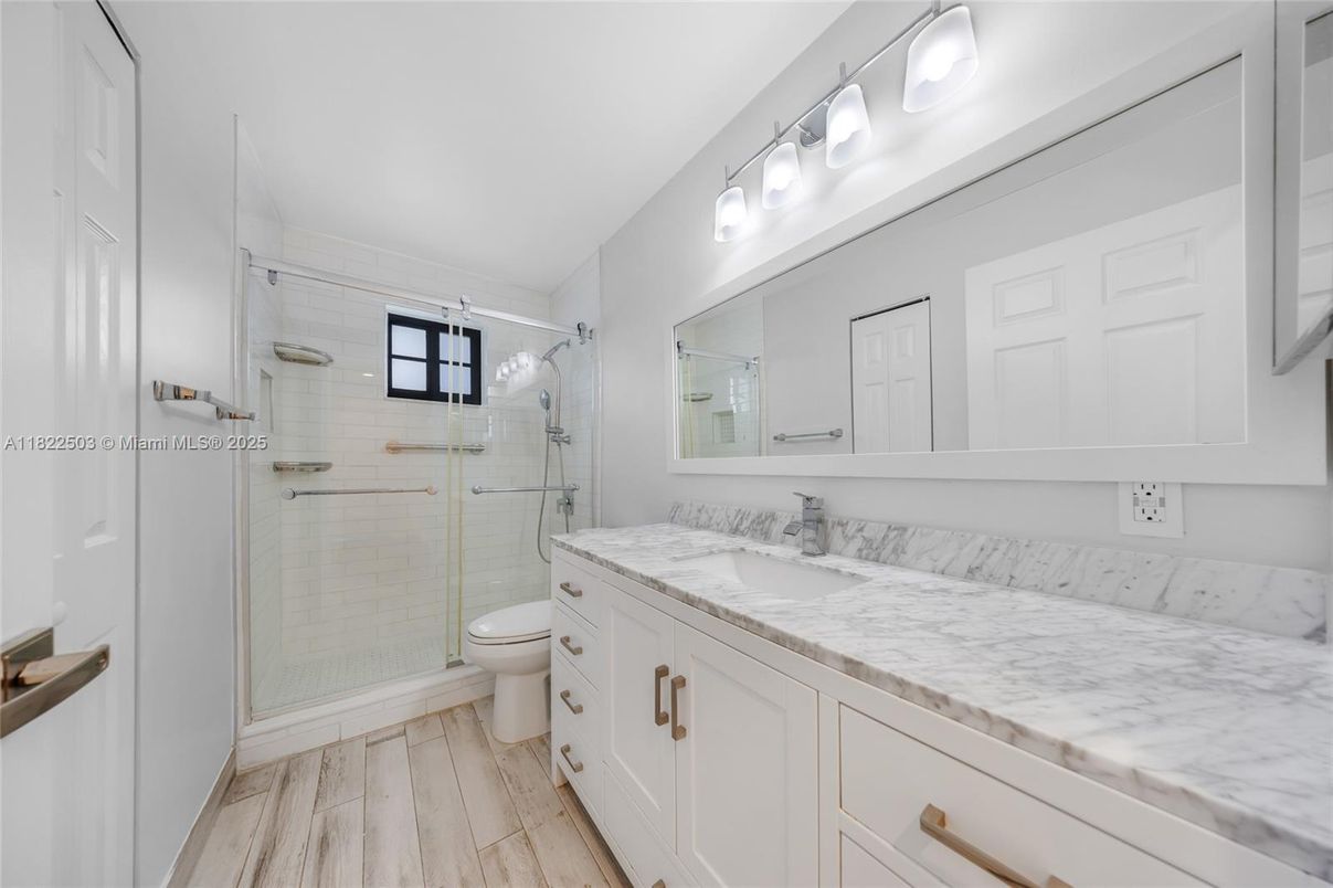 Bathroom, Glass Shower, Interior, Wood Texture Flooring