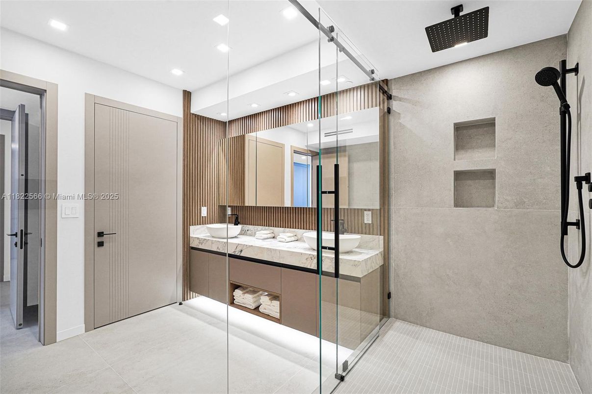 Bathroom, Dual Sink Vanities, Glass Shower, Interior, Recessed Lighting
