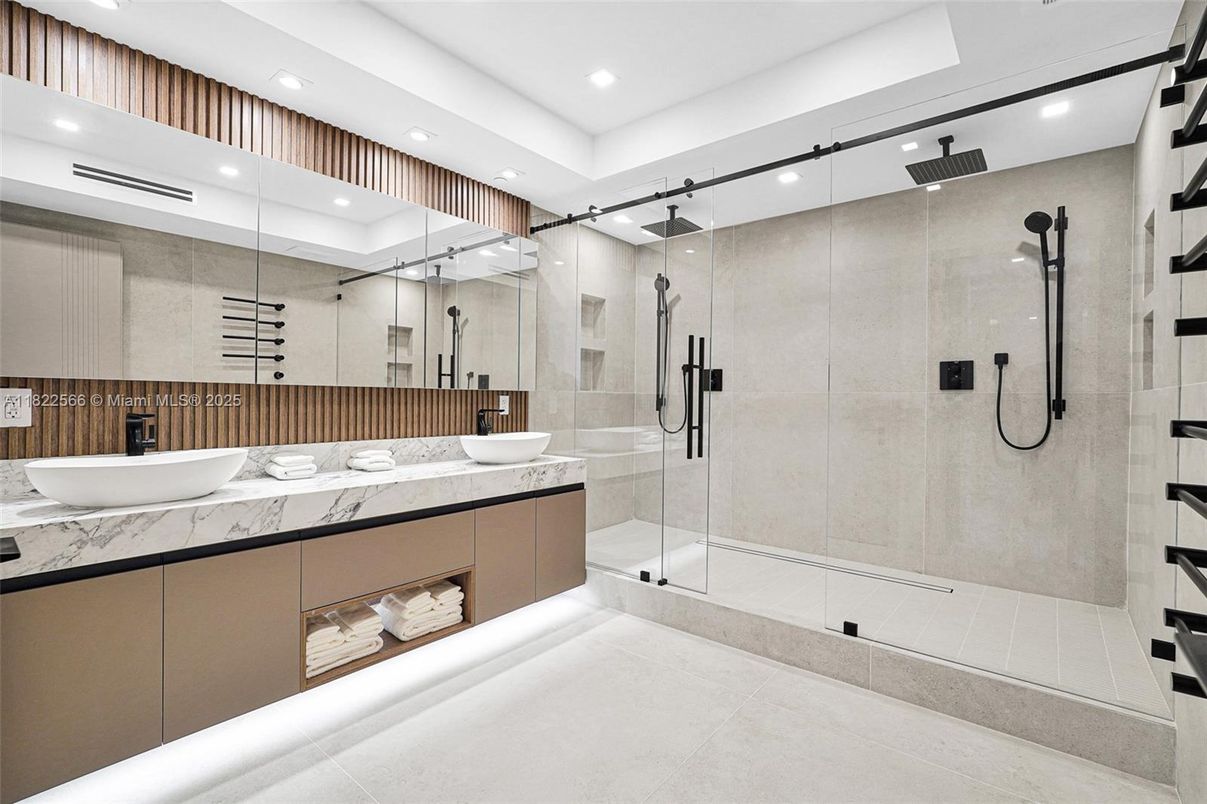 Bathroom, Dual Sink Vanities, Glass Shower, Interior, Recessed Lighting