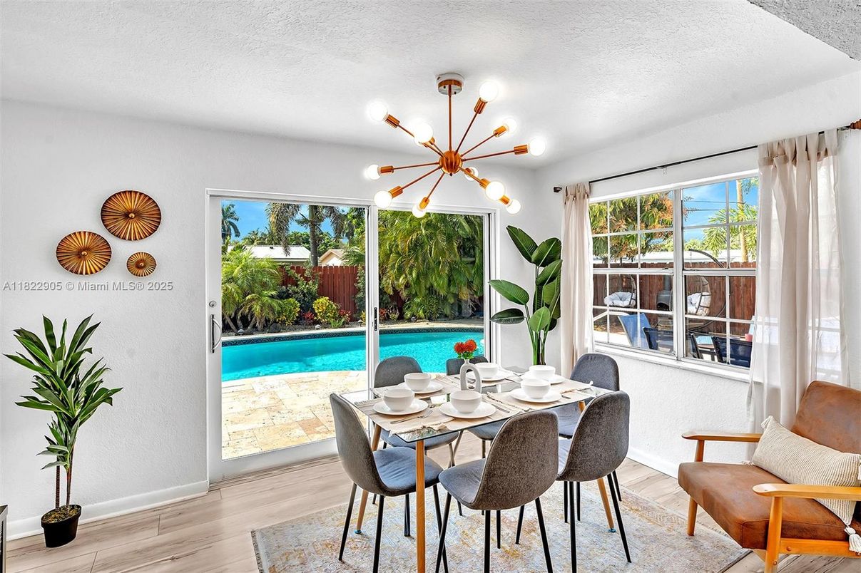 Dining room, Interior, Pendant Lights, Wood Texture Flooring