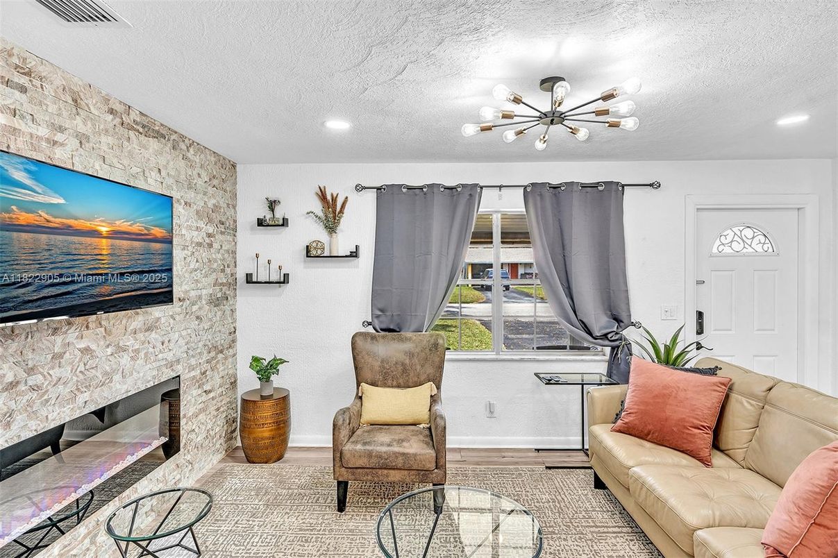 Fireplace, Interior, Living room, Pendant Lights, Recessed Lighting, Stone Walls
