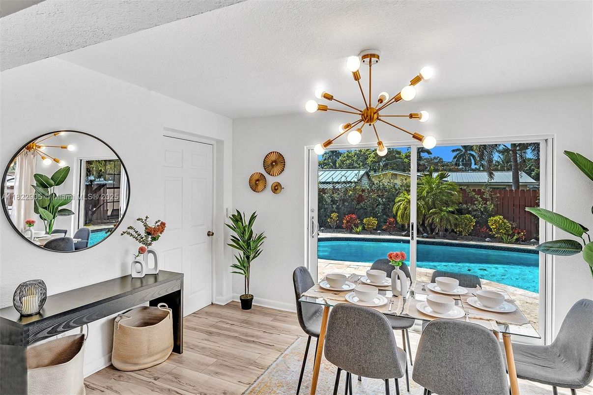 Dining room, Interior, Pendant Lights, Wood Texture Flooring