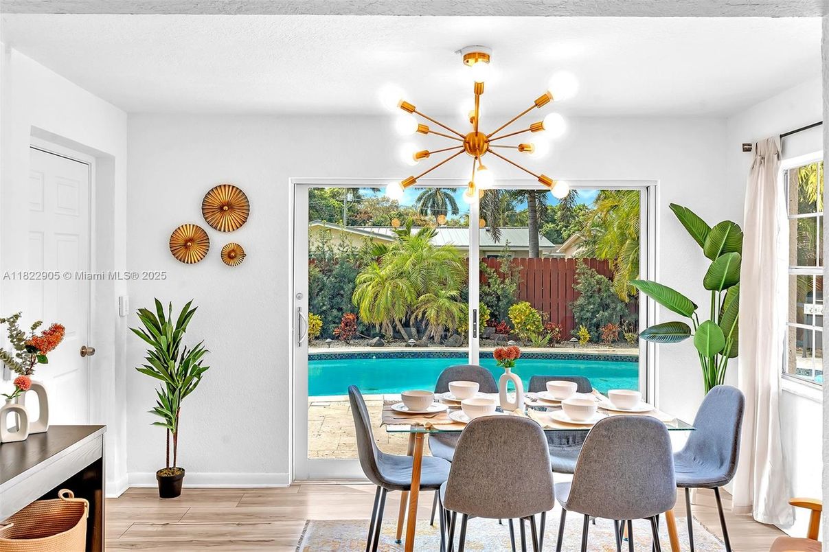 Dining room, Interior, Pendant Lights, Pool, Wood Texture Flooring