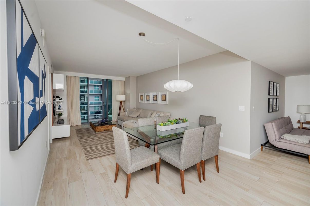 Dining room, Interior, Living room, Pendant Lights, Wood Texture Flooring