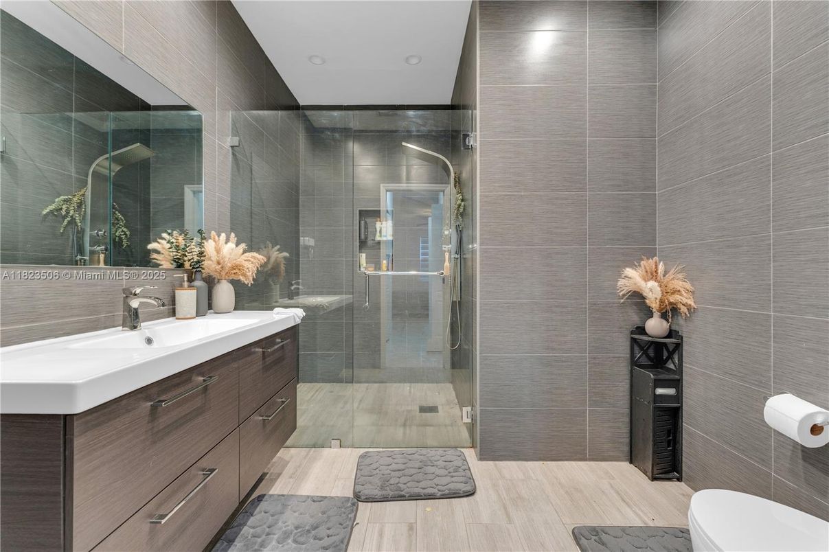 Bathroom, Glass Shower, Interior, Recessed Lighting, Wood Texture Flooring