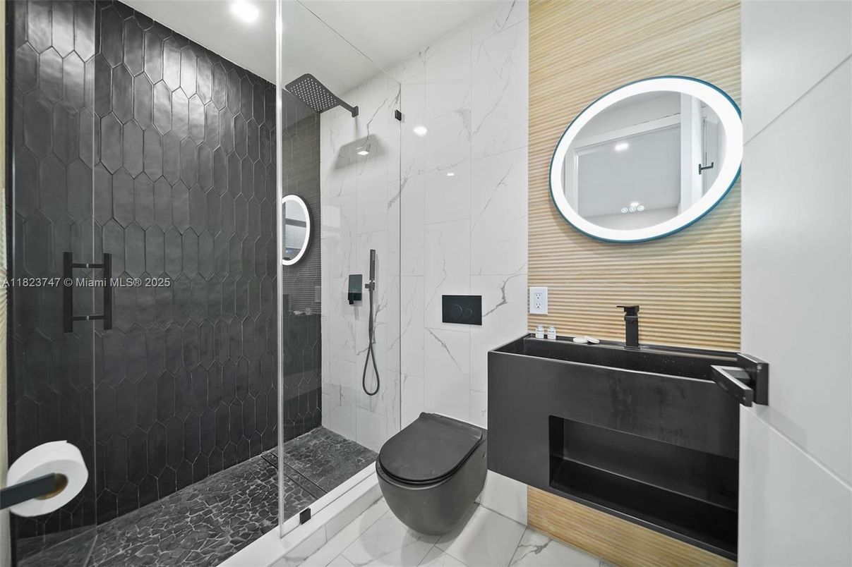 Bathroom, Glass Shower, Interior, Marble Walls, Recessed Lighting