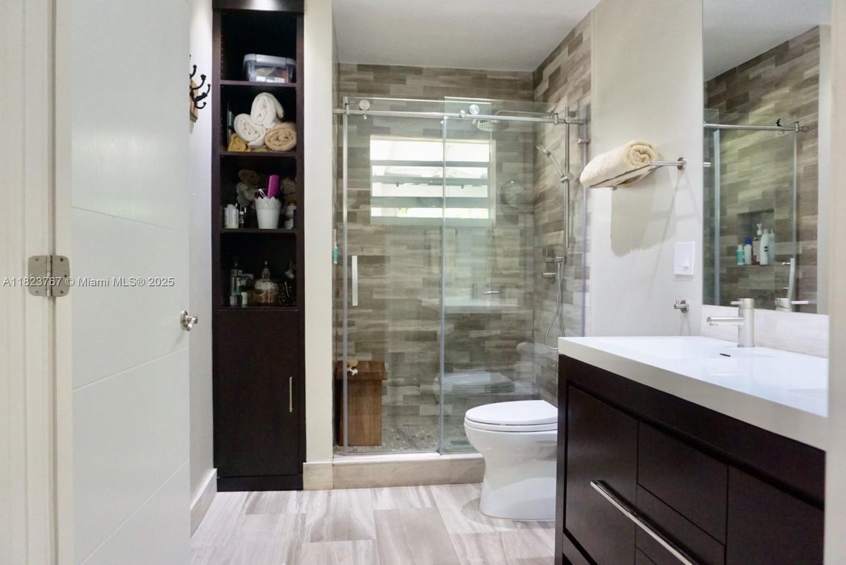 Bathroom, Glass Shower, Interior, Wood Texture Flooring