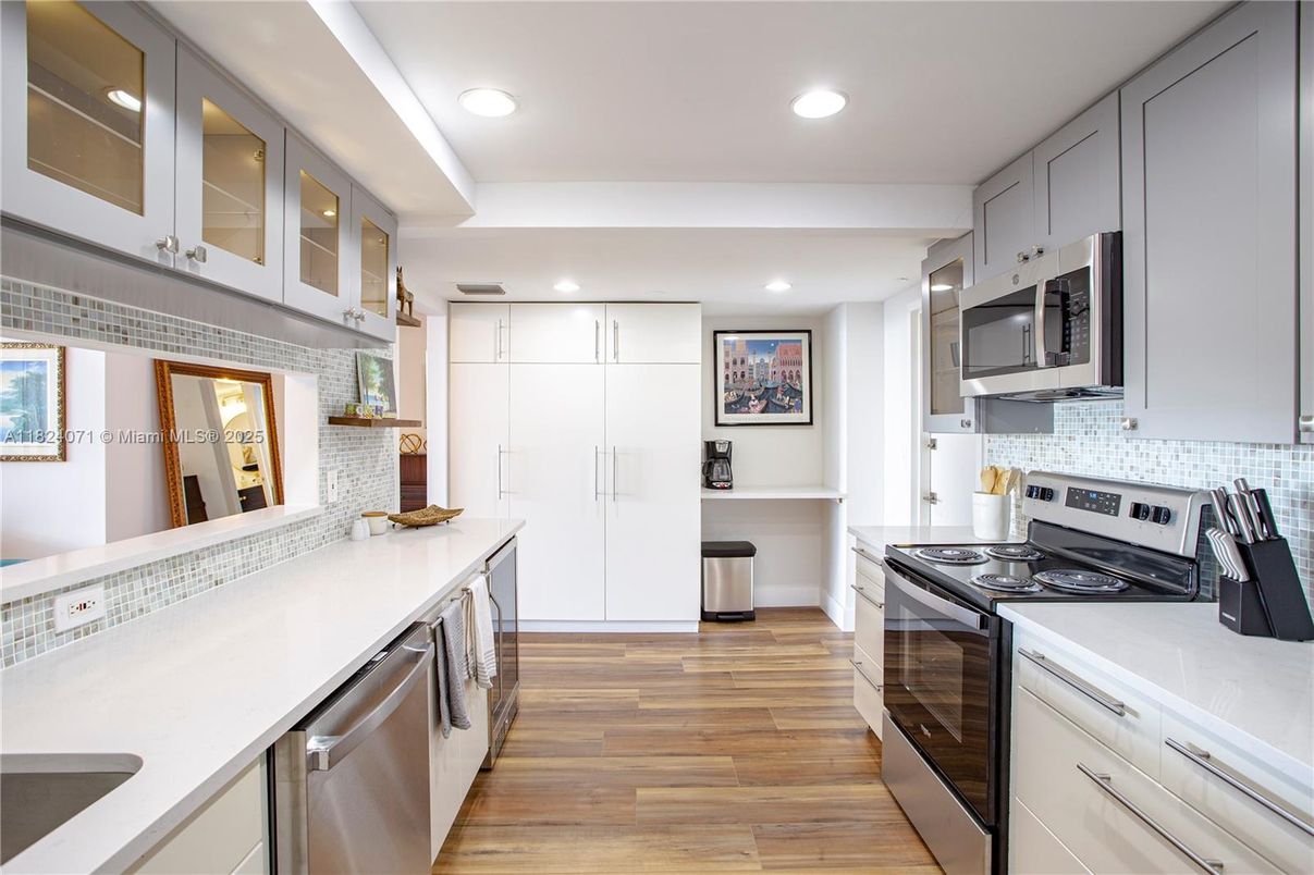 Interior, Kitchen, Recessed Lighting, Stainless Steel Appliances, Wood Texture Flooring