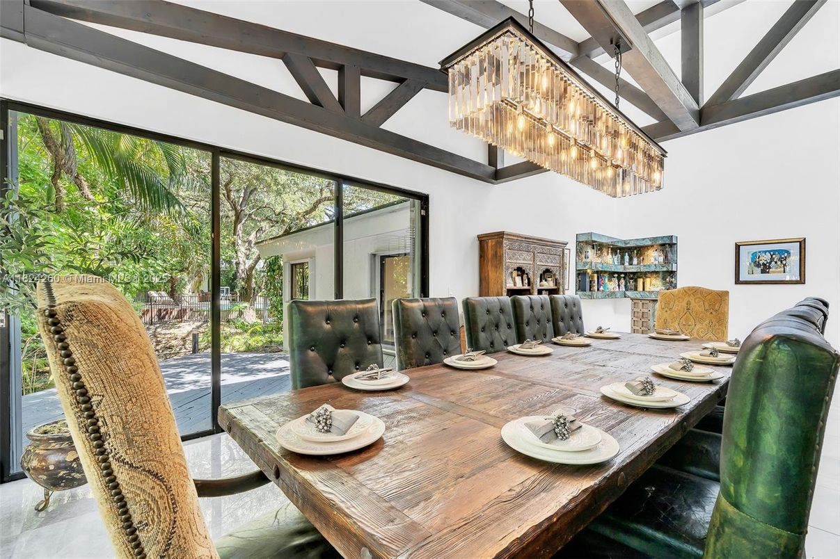 Chandelier, Dining room, Interior, Wooden Beams