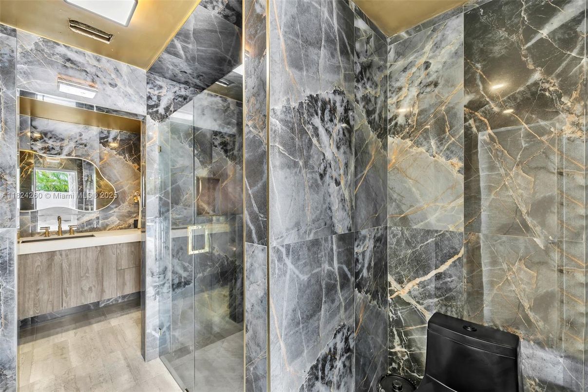 Bathroom, Glass Shower, Interior, Wood Texture Flooring