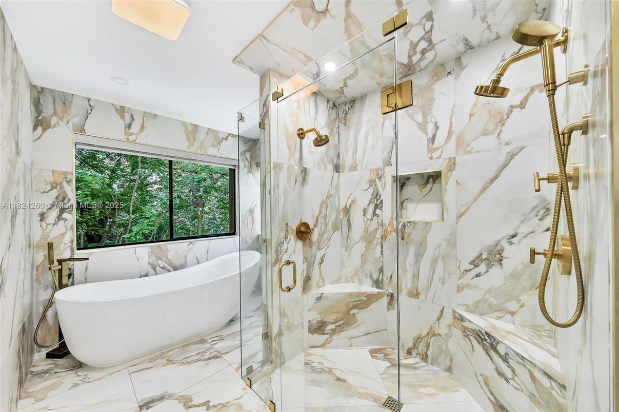 Bathroom, Free Standing Baths, Glass Shower, Interior, Marble, Marble Walls, Recessed Lighting