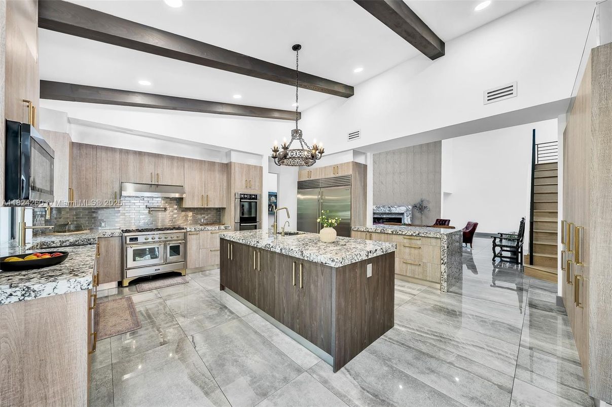 Chandelier, Interior, Kitchen, Pendant Lights, Recessed Lighting, Stainless Steel Appliances, Wooden Beams