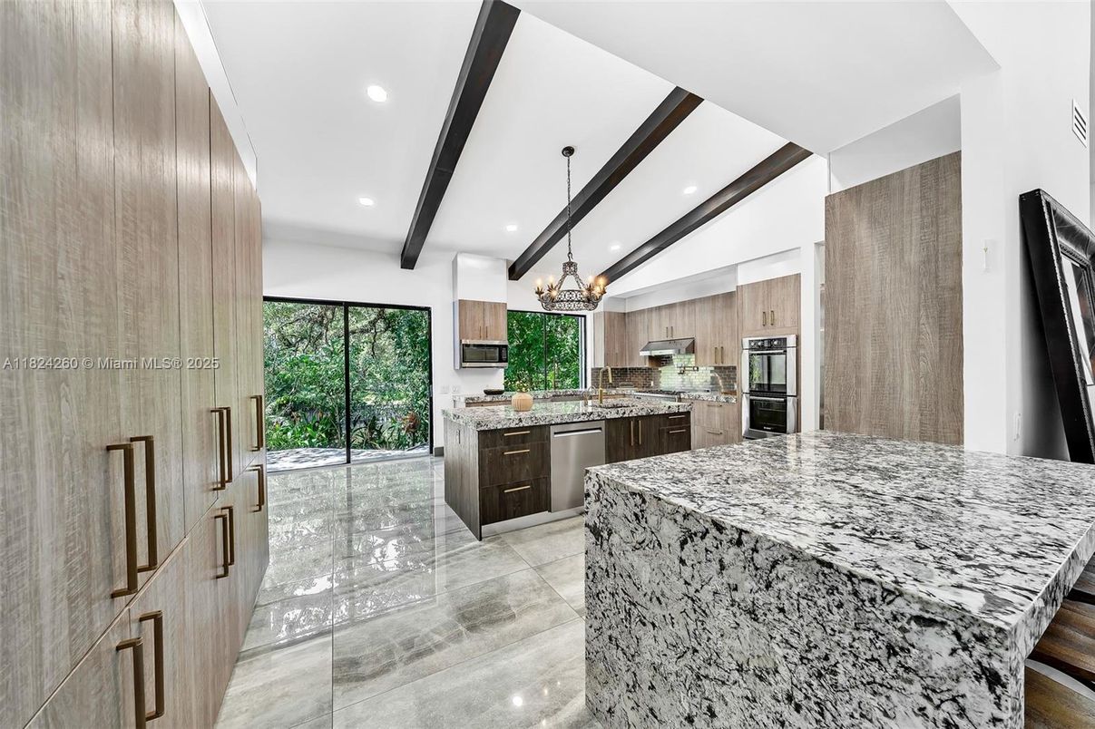 Chandelier, Interior, Kitchen, Recessed Lighting, Stainless Steel Appliances, Wooden Beams