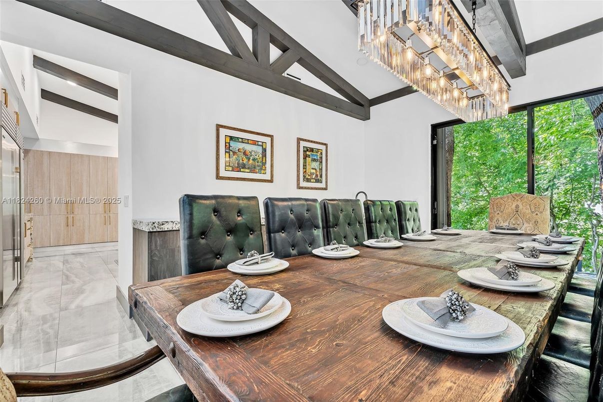 Chandelier, Dining room, Interior, Wooden Beams