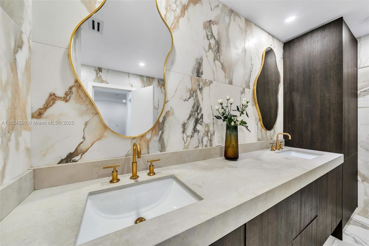 Bathroom, Dual Sink Vanities, Interior, Marble Walls, Recessed Lighting