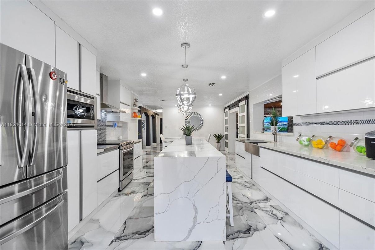 Interior, Kitchen, Marble, Pendant Lights, Recessed Lighting, Stainless Steel Appliances