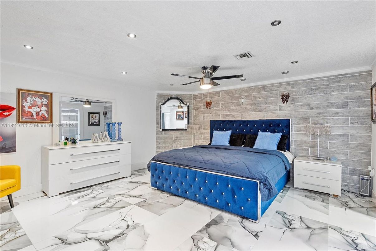 Bedroom, Interior, Marble, Recessed Lighting, Stone Walls