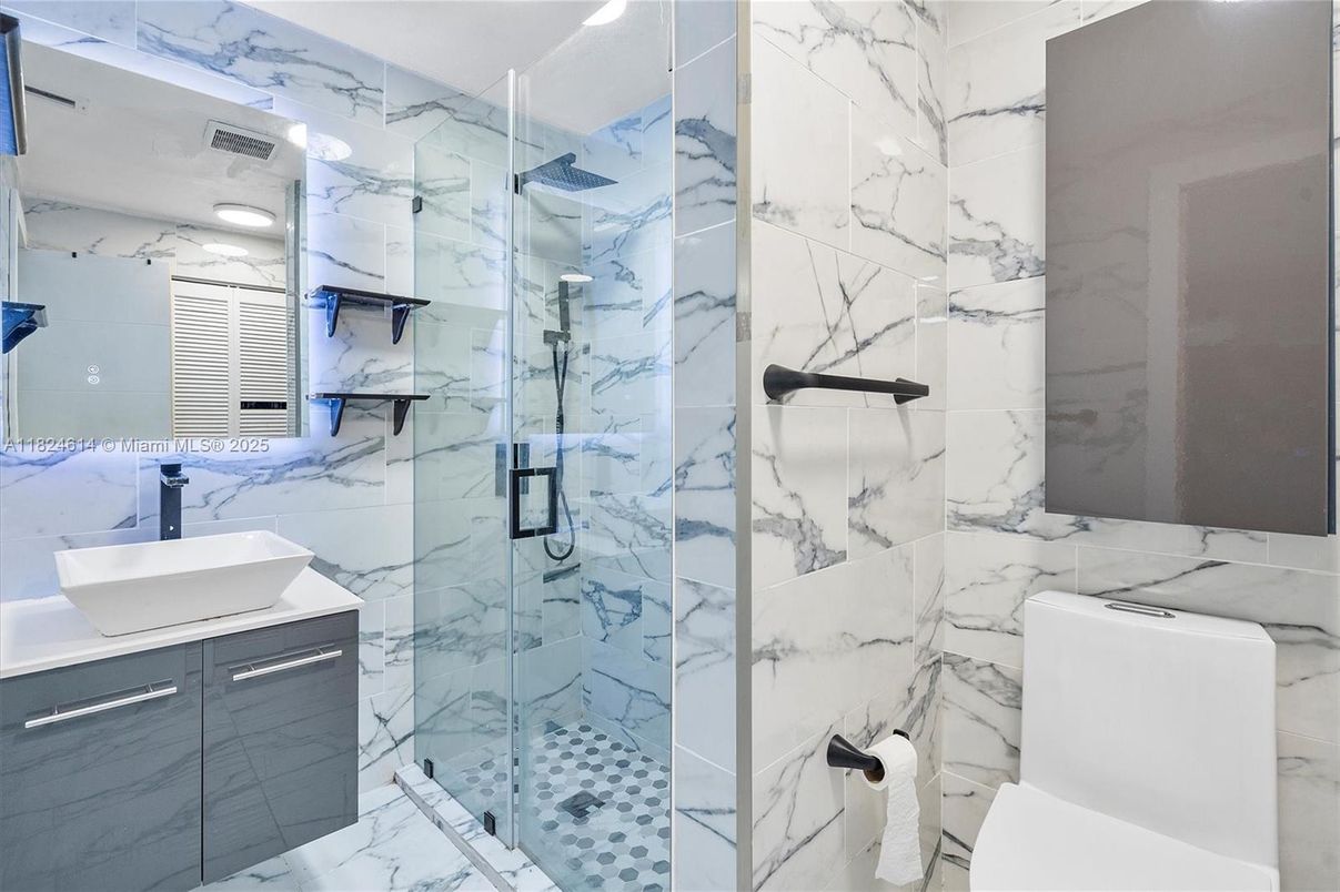 Bathroom, Glass Shower, Interior, Marble, Marble Walls, Recessed Lighting